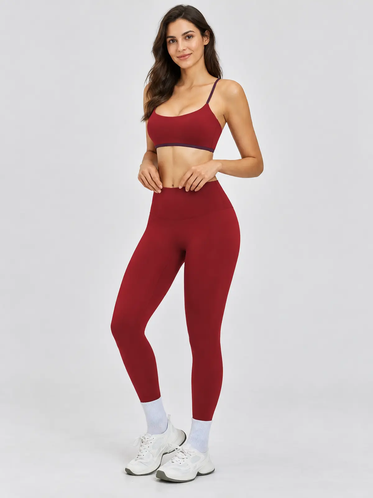 Cobalt Morrow Scoop-Neck Sports Bra and Full-Length Leggings Set — burgundy red with dark purple trim — general — authoritative variation match
