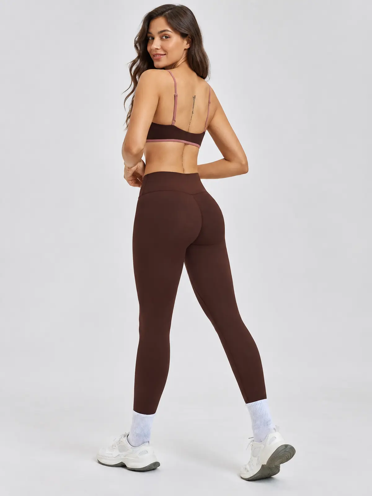 Cobalt Morrow Scoop-Neck Sports Bra and Full-Length Leggings Set — dark brown with muted mauve-pink trim — general — authoritative variation match