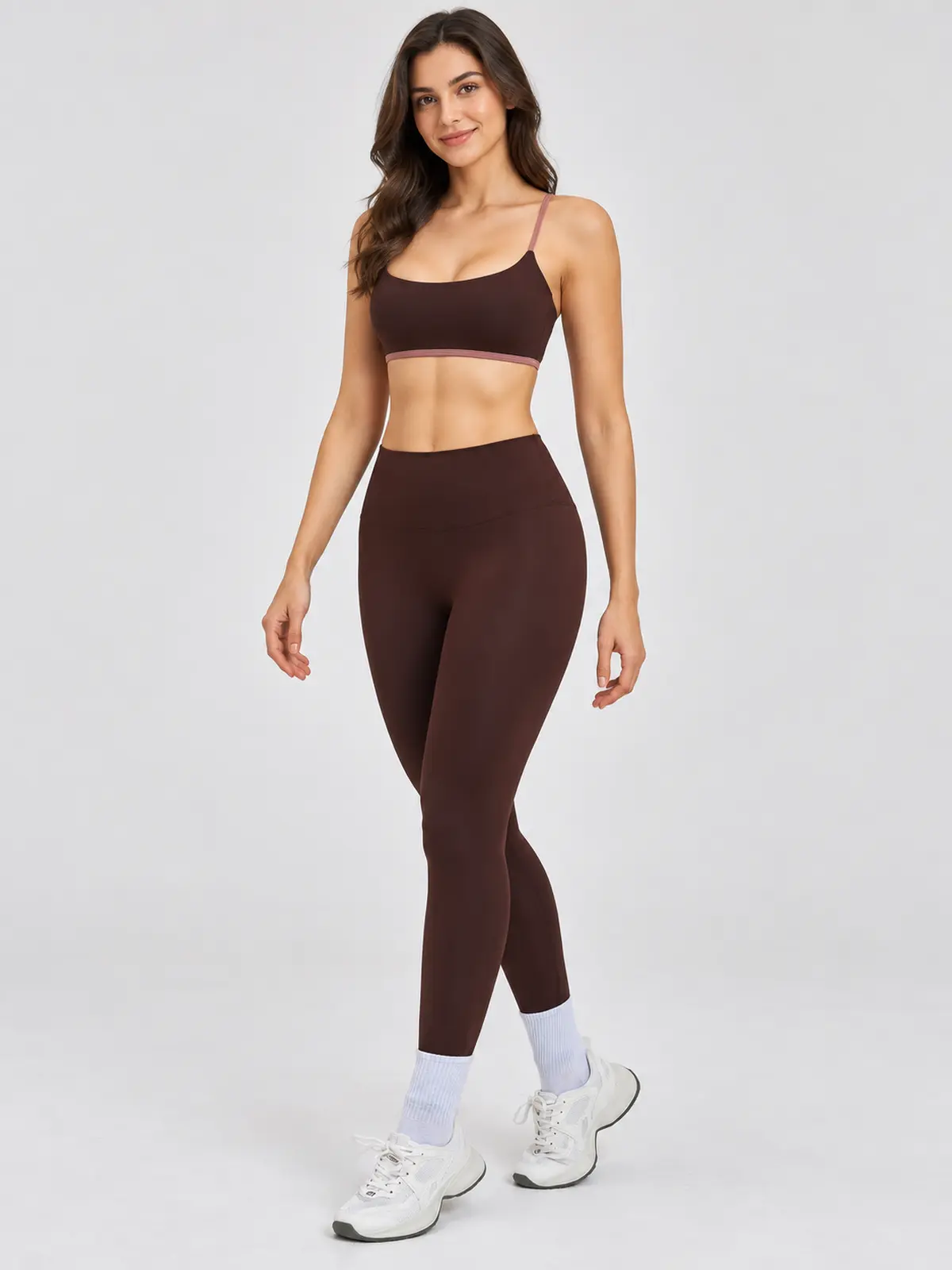 Cobalt Morrow Scoop-Neck Sports Bra and Full-Length Leggings Set — dark brown with muted mauve-pink trim — general — authoritative variation match