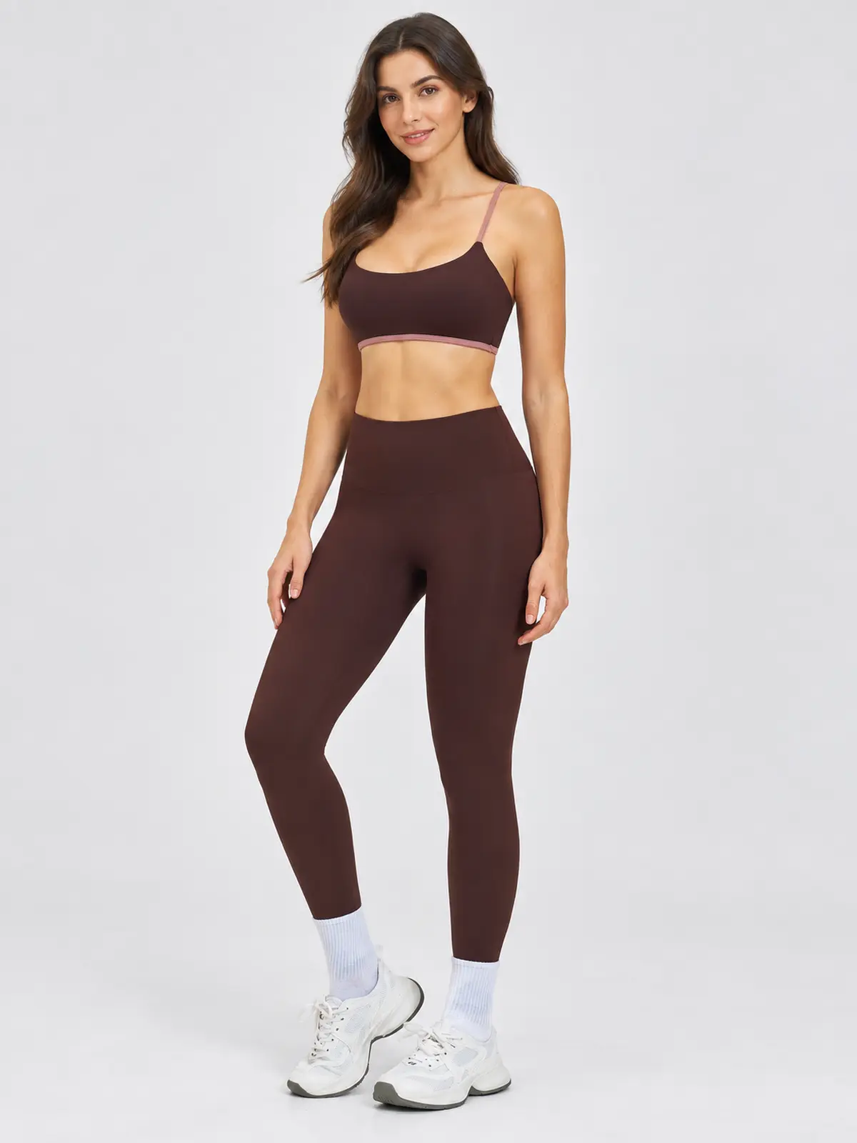 Cobalt Morrow Scoop-Neck Sports Bra and Full-Length Leggings Set — dark brown with muted mauve-pink trim — general — authoritative variation match