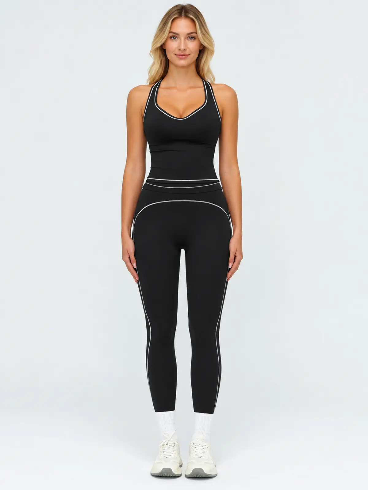Cobalt Thread Sleeveless Top and Full-Length Leggings Set — black with white contrast piping — general — authoritative variation image