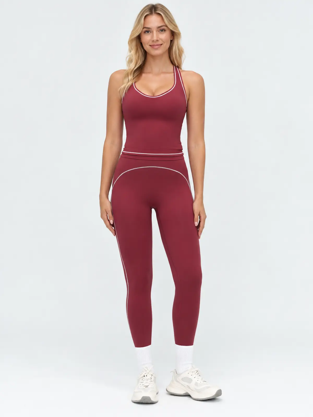Cobalt Thread Sleeveless Top and Full-Length Leggings Set — cherry red / burgundy with white contrast piping — general — authoritative variation image