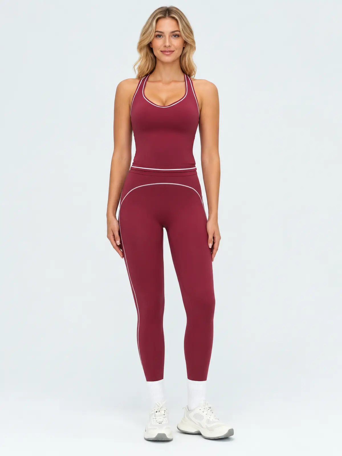 Cobalt Thread Sleeveless Top and Full-Length Leggings Set — cherry red / burgundy with white contrast piping — general — authoritative variation match