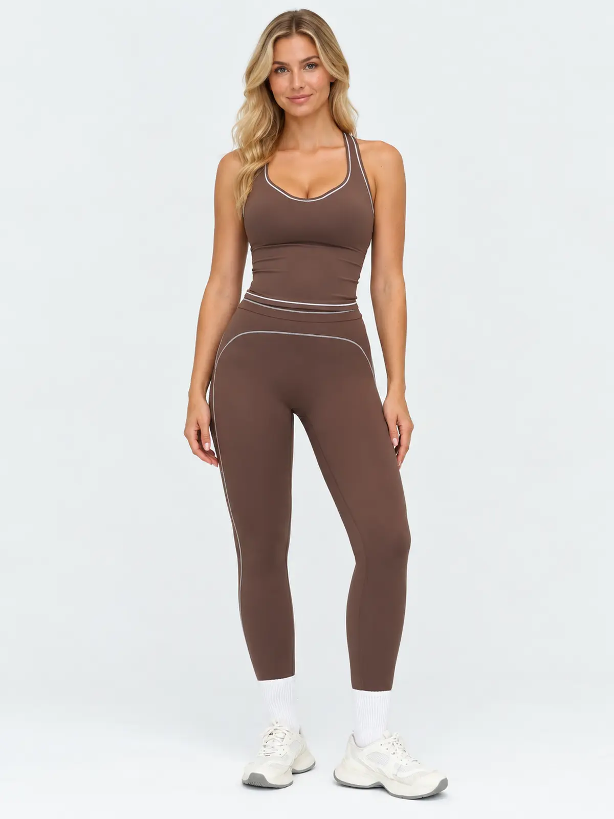 Cobalt Thread Sleeveless Top and Full-Length Leggings Set — chocolate brown with white contrast trim — general — authoritative variation image