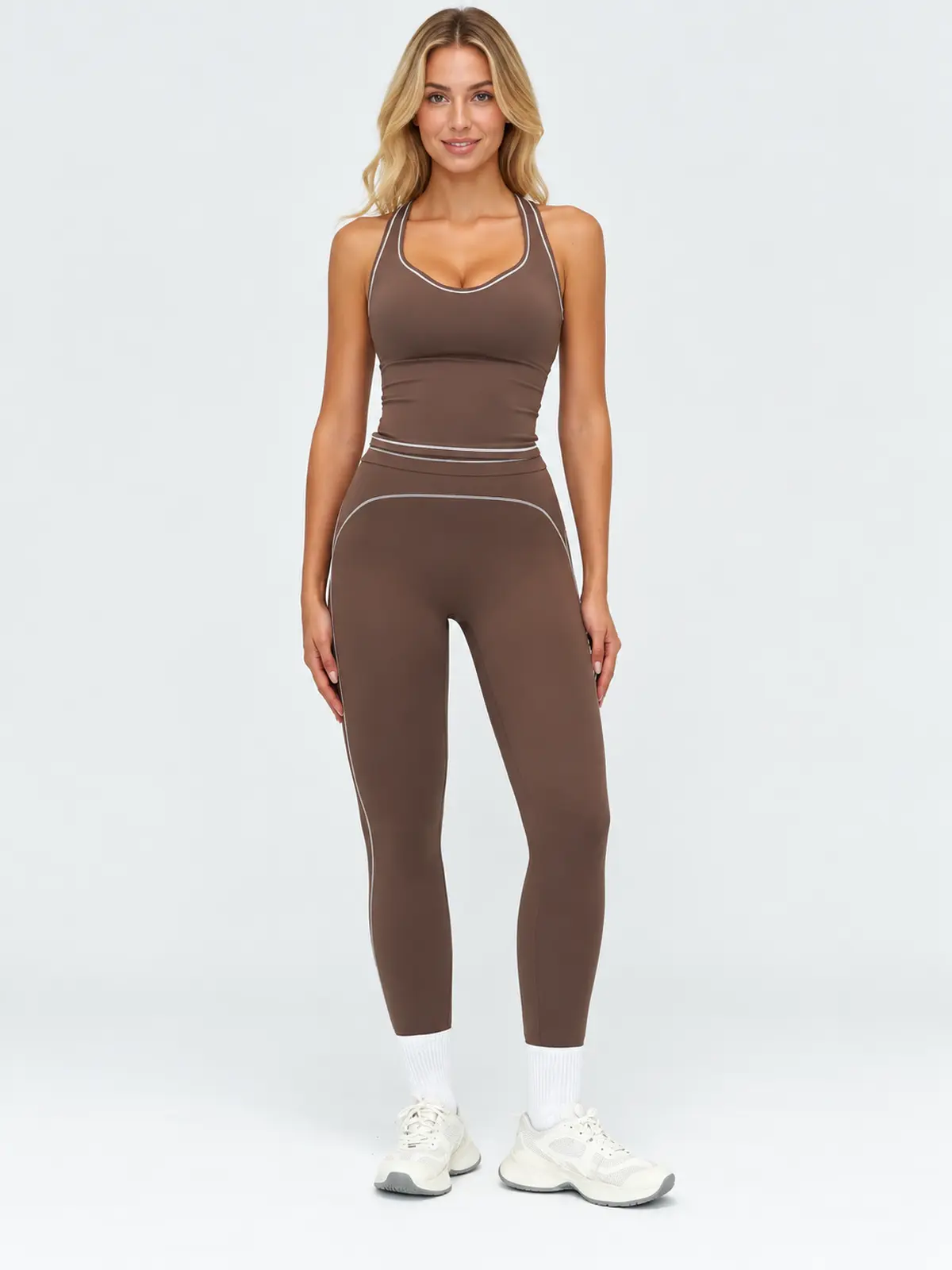 Cobalt Thread Sleeveless Top and Full-Length Leggings Set — chocolate brown with white contrast trim — general — authoritative variation match