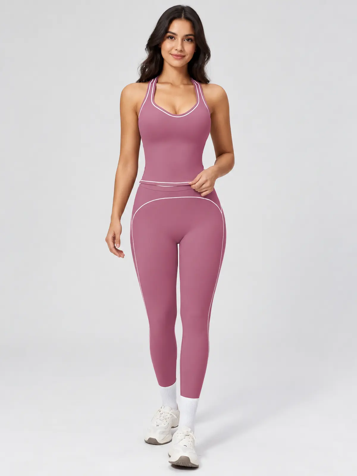 Cobalt Thread Sleeveless Top and Full-Length Leggings Set — mauve purple with white trim — general — authoritative variation image