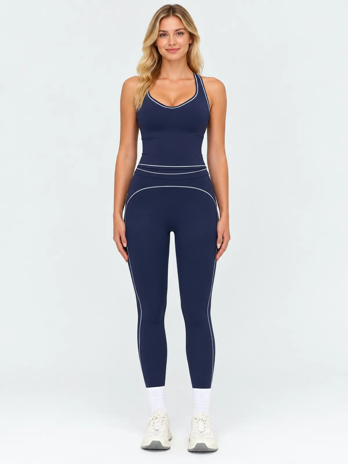 Cobalt Thread Sleeveless Top and Full-Length Leggings Set — navy blue with white contrast trim — general — authoritative variation image