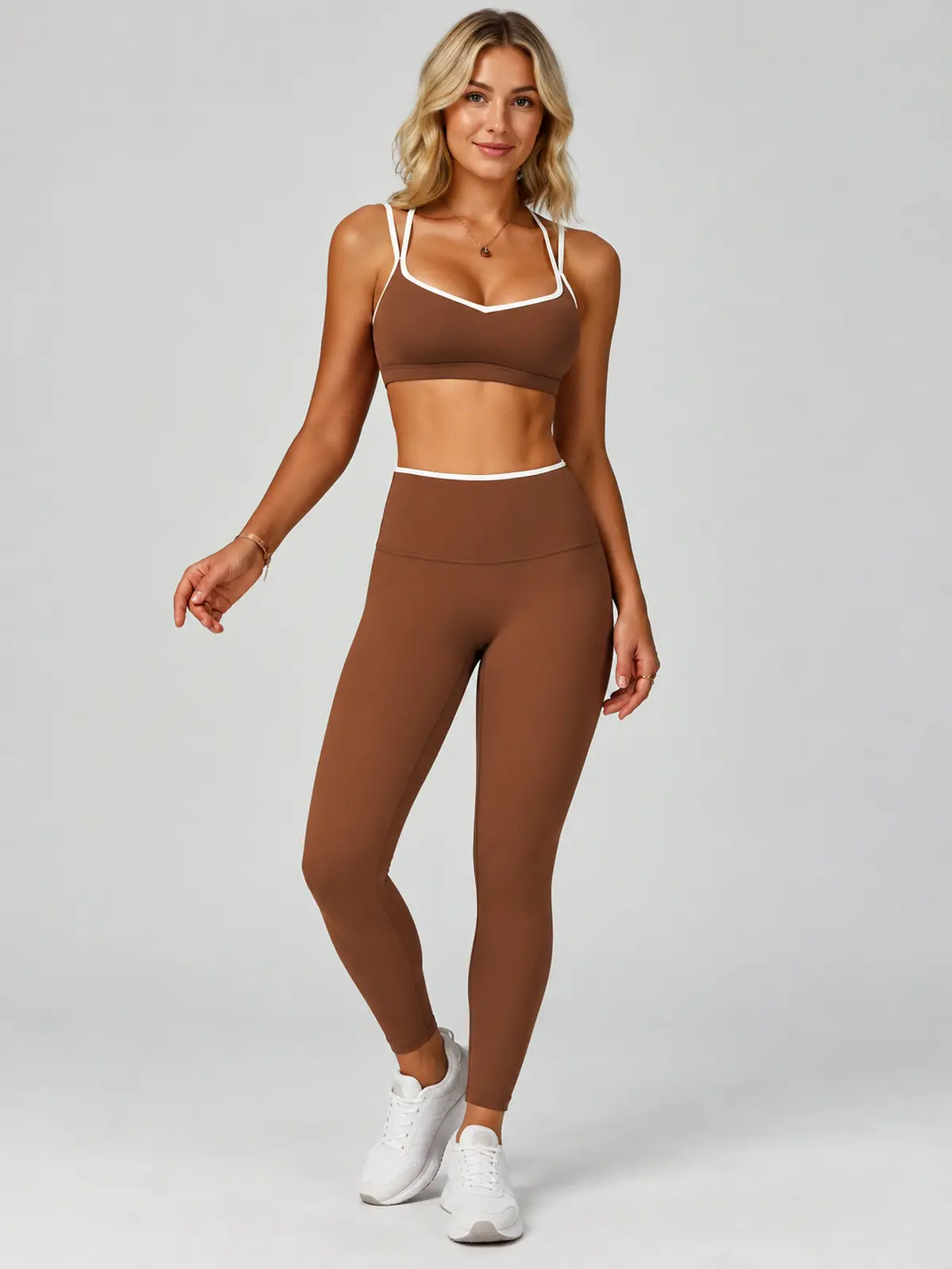 Contrast Echo Scoop-Neck Sports Bra — brown with white trim — general — authoritative variation match