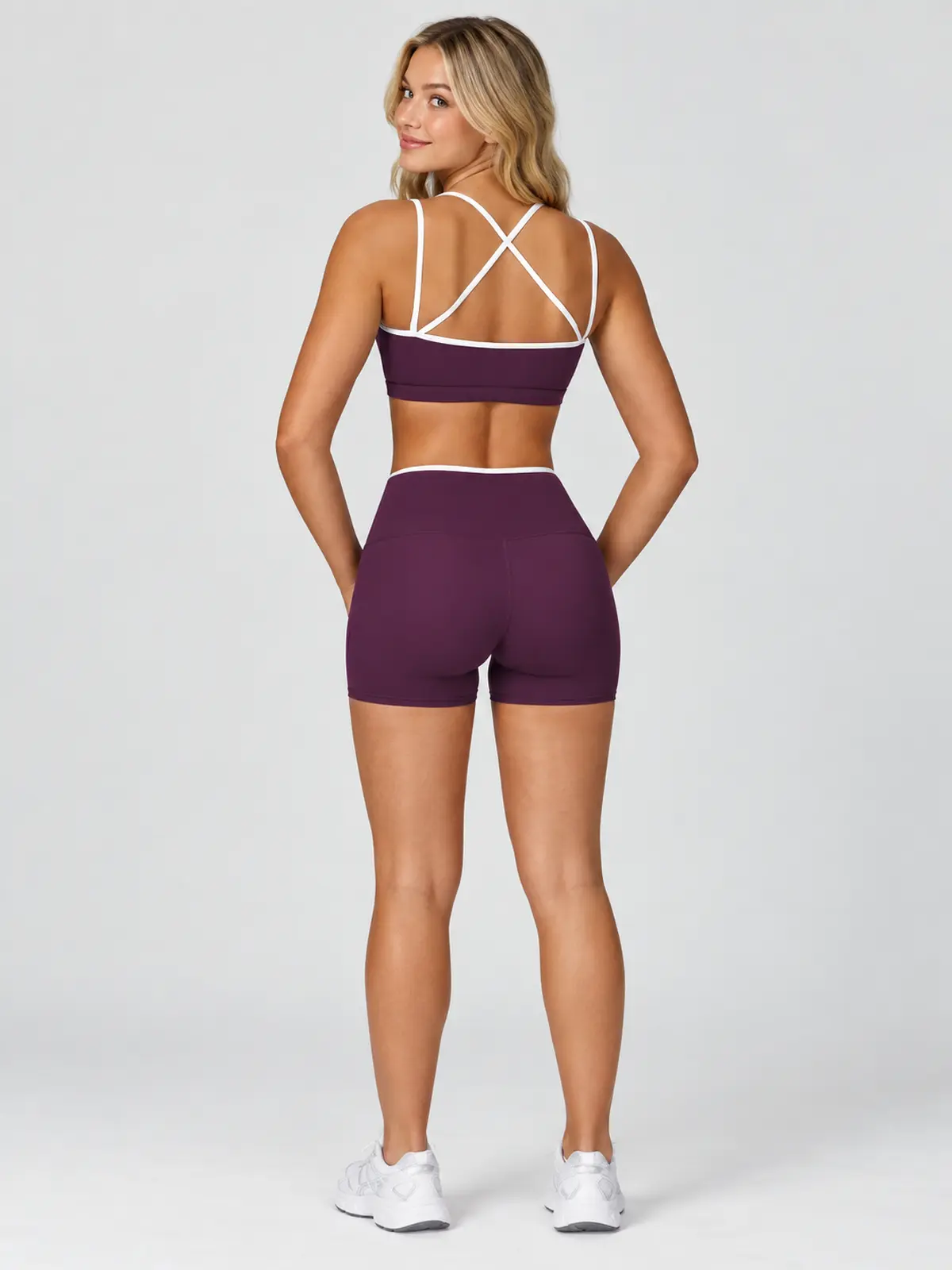 Contrast Echo Scoop-Neck Sports Bra — deep purple with white trim — general — authoritative variation match