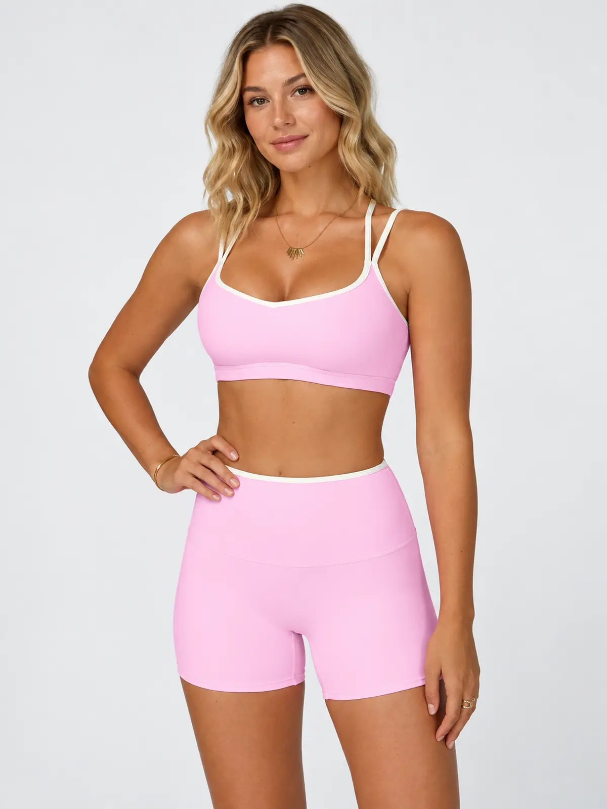 Contrast Echo Scoop-Neck Sports Bra — light pink with white trim — general — authoritative variation match