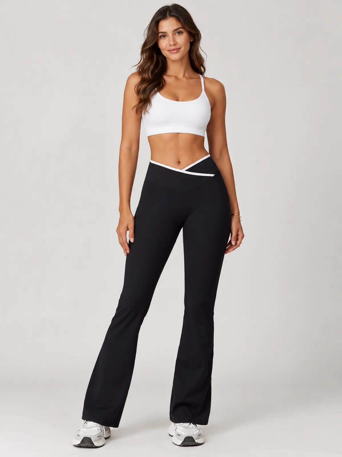 Crossover Orbit High-Rise Flare Leggings — black with white contrast waistband trim — flare-leggings — authoritative variation image