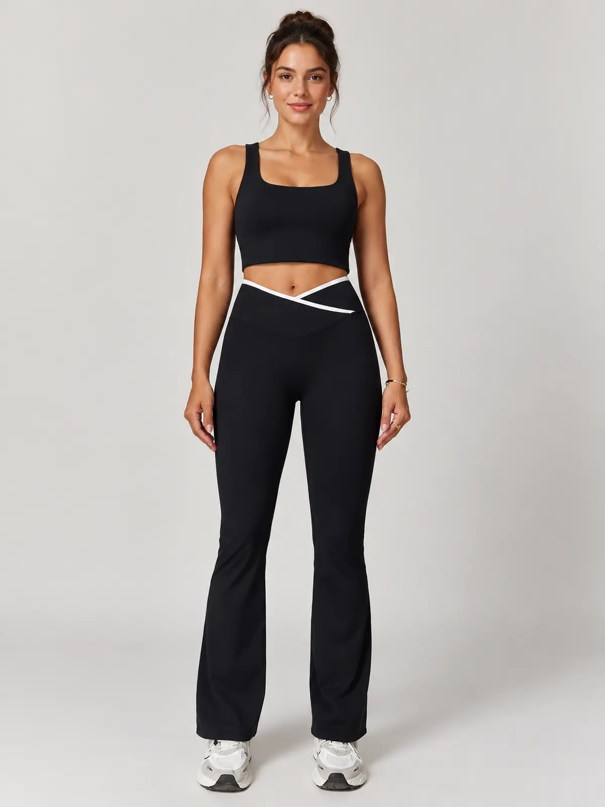 Crossover Orbit High-Rise Flare Leggings — black with white contrast waistband trim — flare-leggings — authoritative variation match