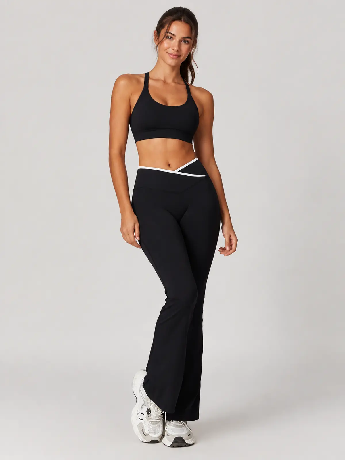 Crossover Orbit High-Rise Flare Leggings — black with white contrast waistband trim — flare-leggings — authoritative variation match