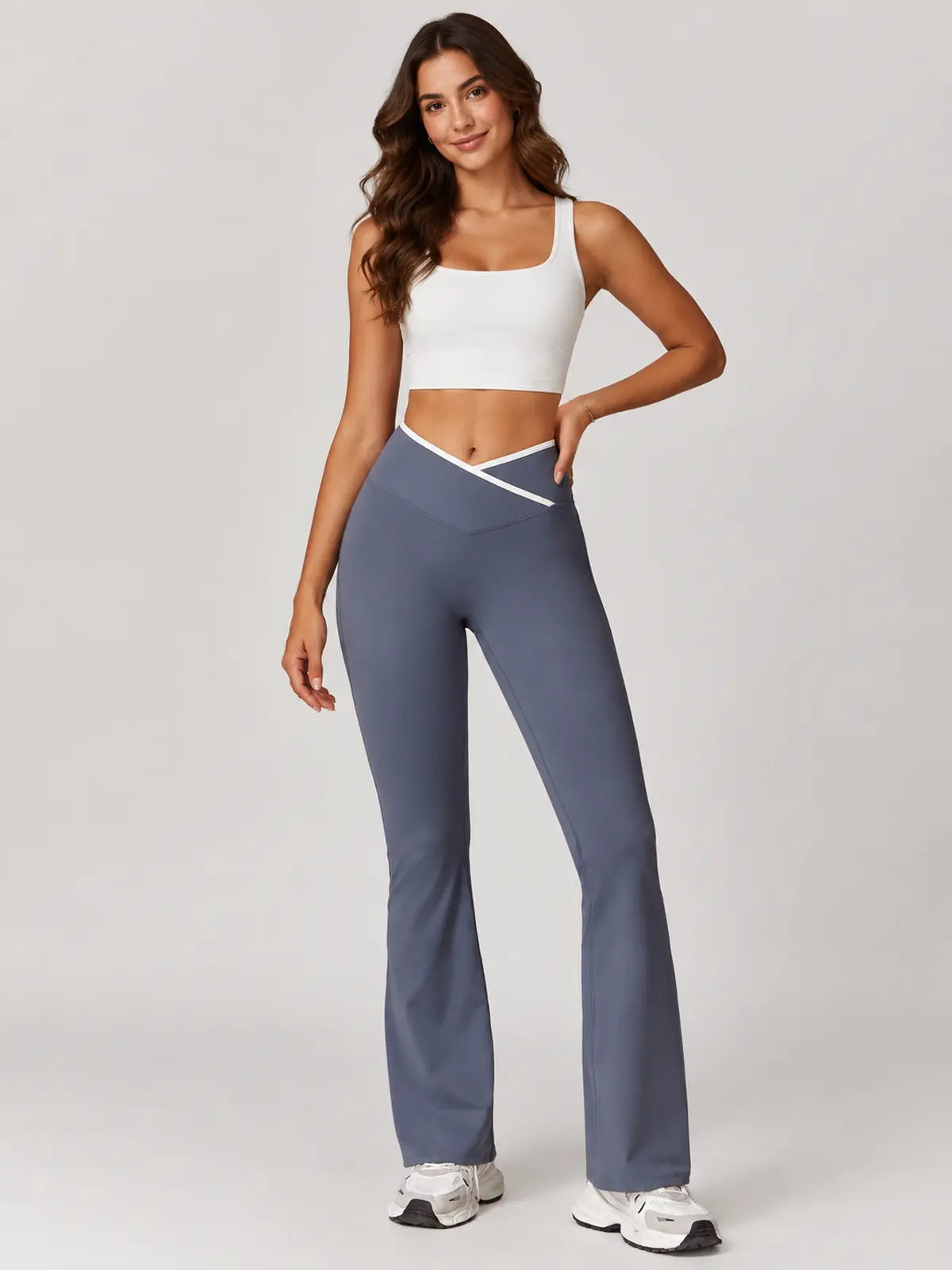 Crossover Orbit High-Rise Flare Leggings — blue-gray with white waistband trim — flare-leggings — authoritative variation image