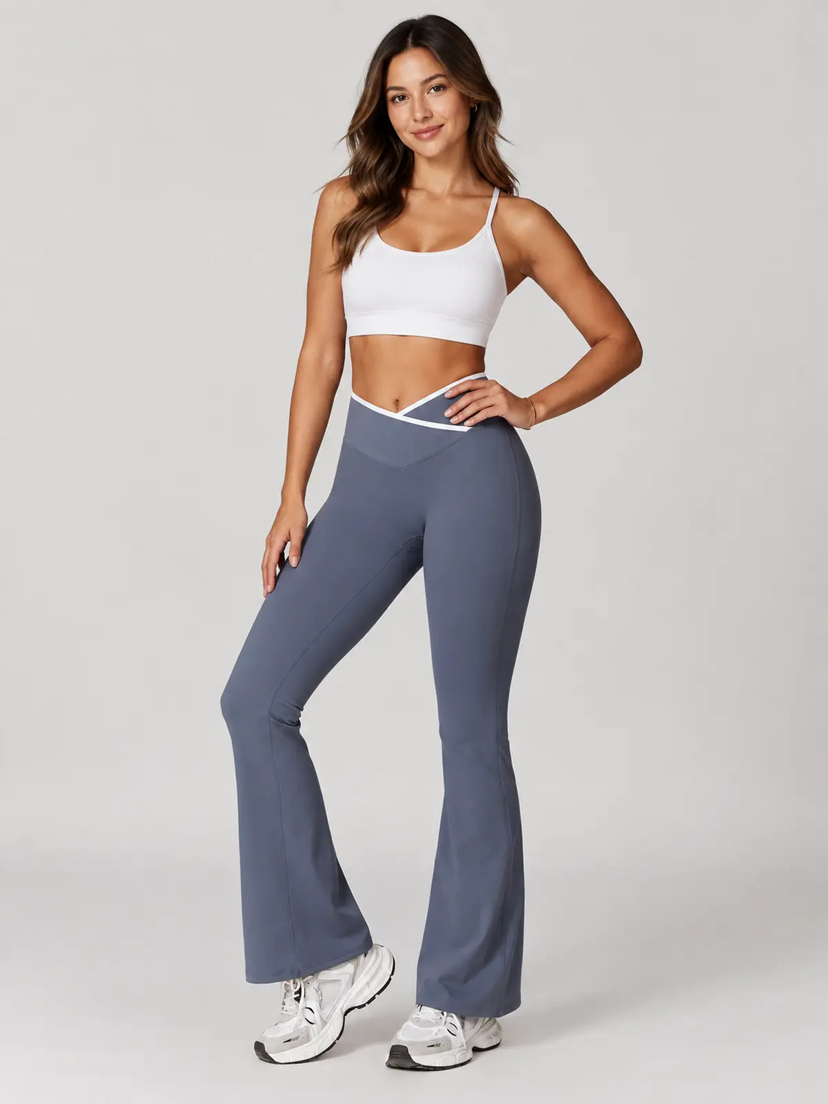 Crossover Orbit High-Rise Flare Leggings — blue-gray with white waistband trim — flare-leggings — authoritative variation match