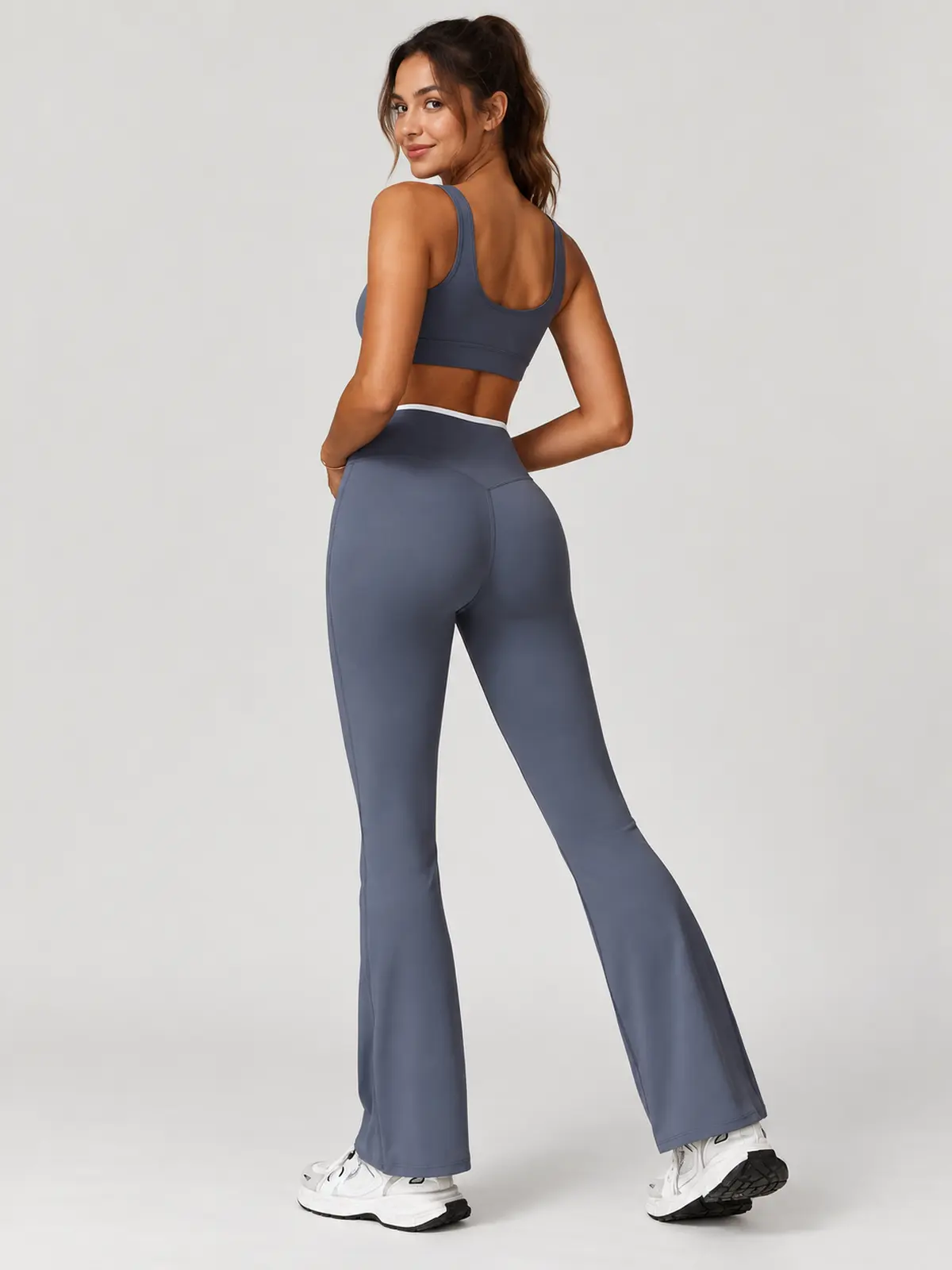 Crossover Orbit High-Rise Flare Leggings — blue-gray with white waistband trim — flare-leggings — authoritative variation match