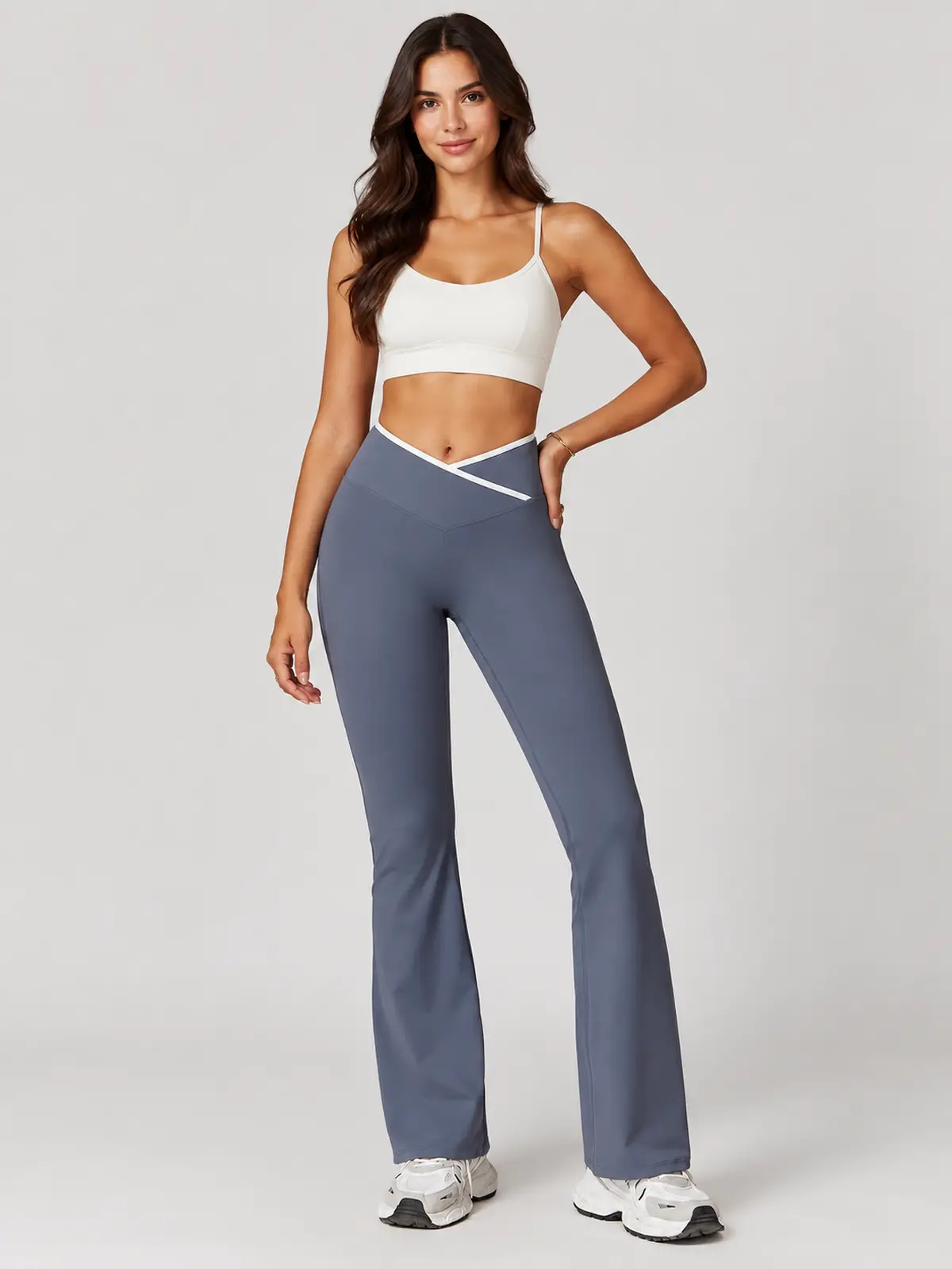 Crossover Orbit High-Rise Flare Leggings — blue-gray with white waistband trim — flare-leggings — authoritative variation match