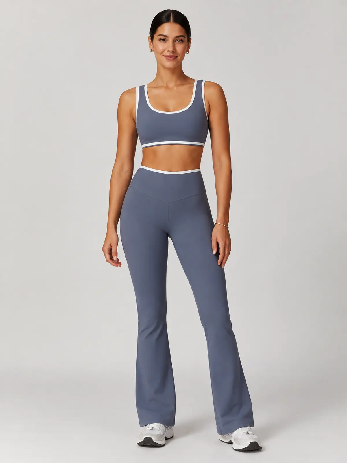 Crossover Orbit High-Rise Flare Leggings — blue-gray with white waistband trim — general — authoritative variation match