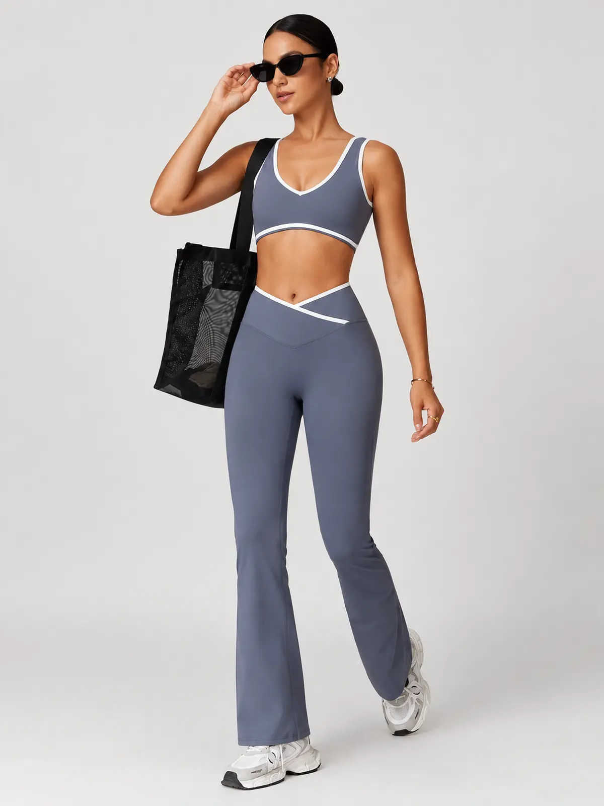 Crossover Orbit High-Rise Flare Leggings — blue-gray with white waistband trim — general — authoritative variation match