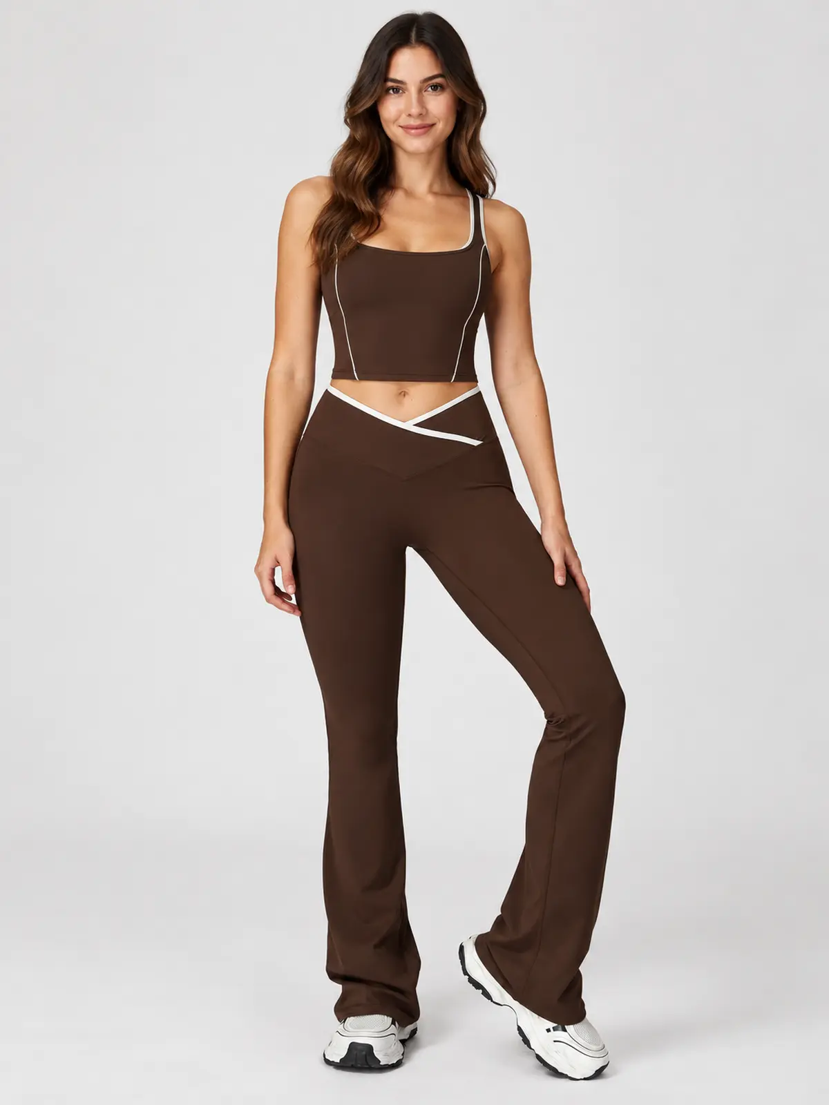 Crossover Orbit High-Rise Flare Leggings — dark coffee brown with white trim — flare-leggings — authoritative variation image