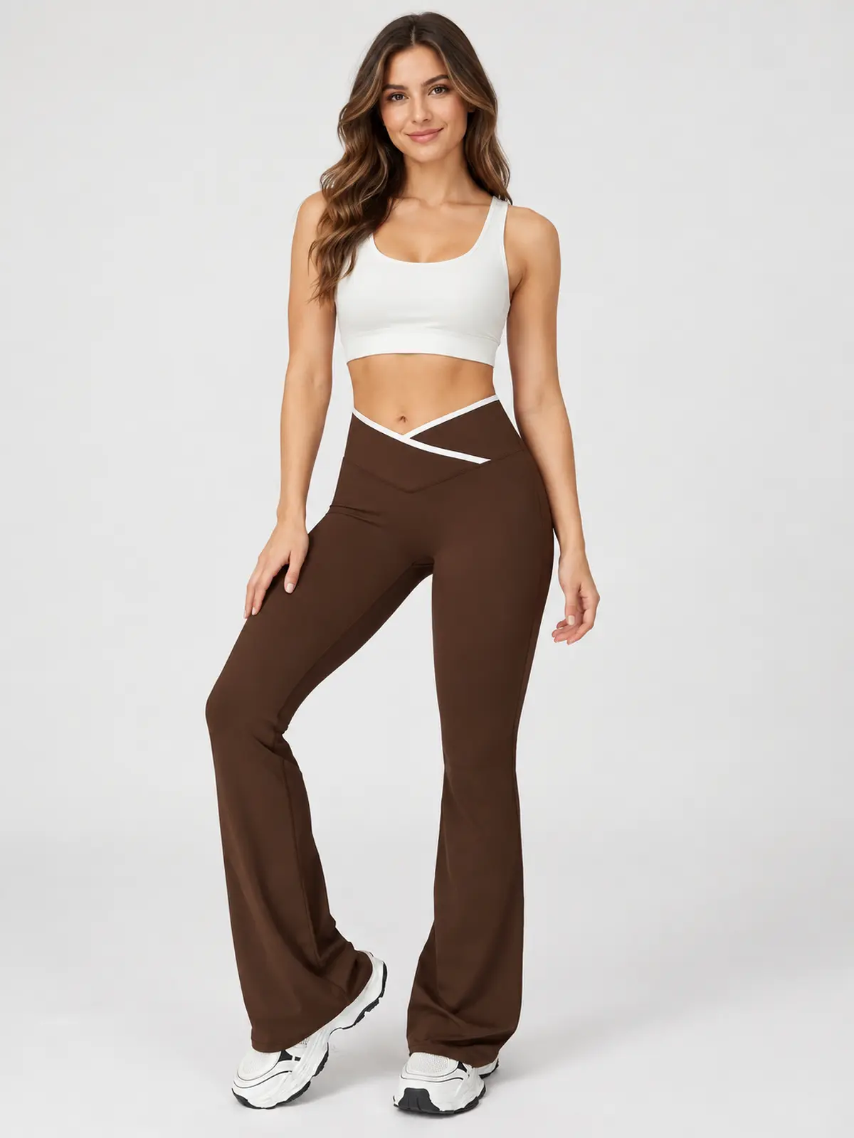 Crossover Orbit High-Rise Flare Leggings — dark coffee brown with white trim — flare-leggings — authoritative variation match
