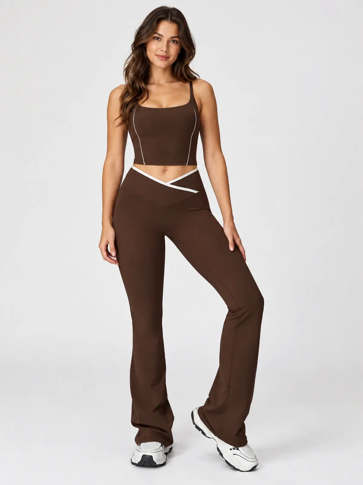 Crossover Orbit High-Rise Flare Leggings — dark coffee brown with white trim — flare-leggings — authoritative variation match