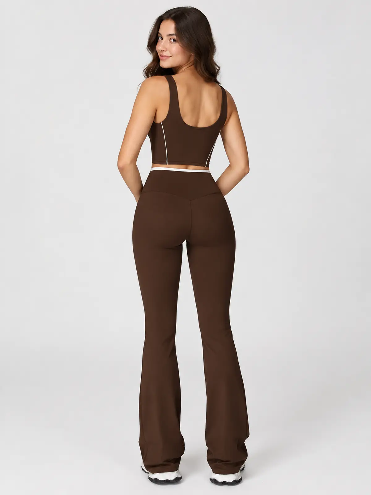 Crossover Orbit High-Rise Flare Leggings — dark coffee brown with white trim — flare-leggings — authoritative variation match