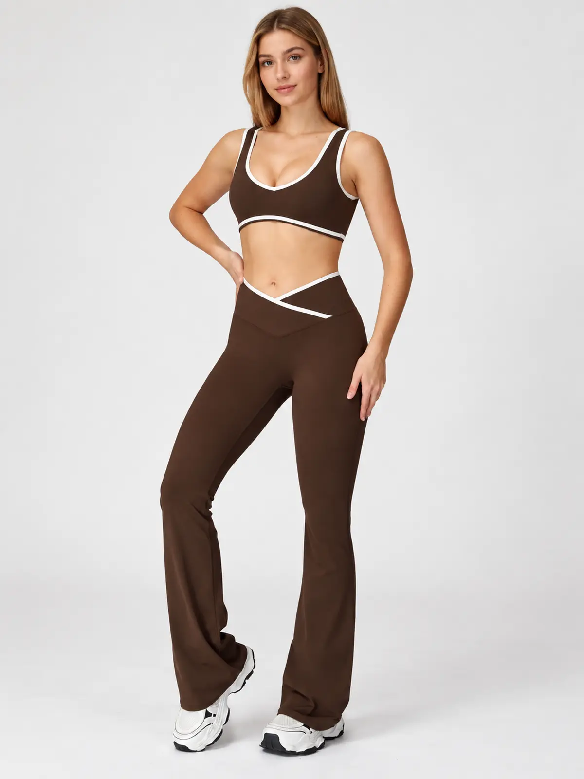 Crossover Orbit High-Rise Flare Leggings — dark coffee brown with white trim — general — authoritative variation match