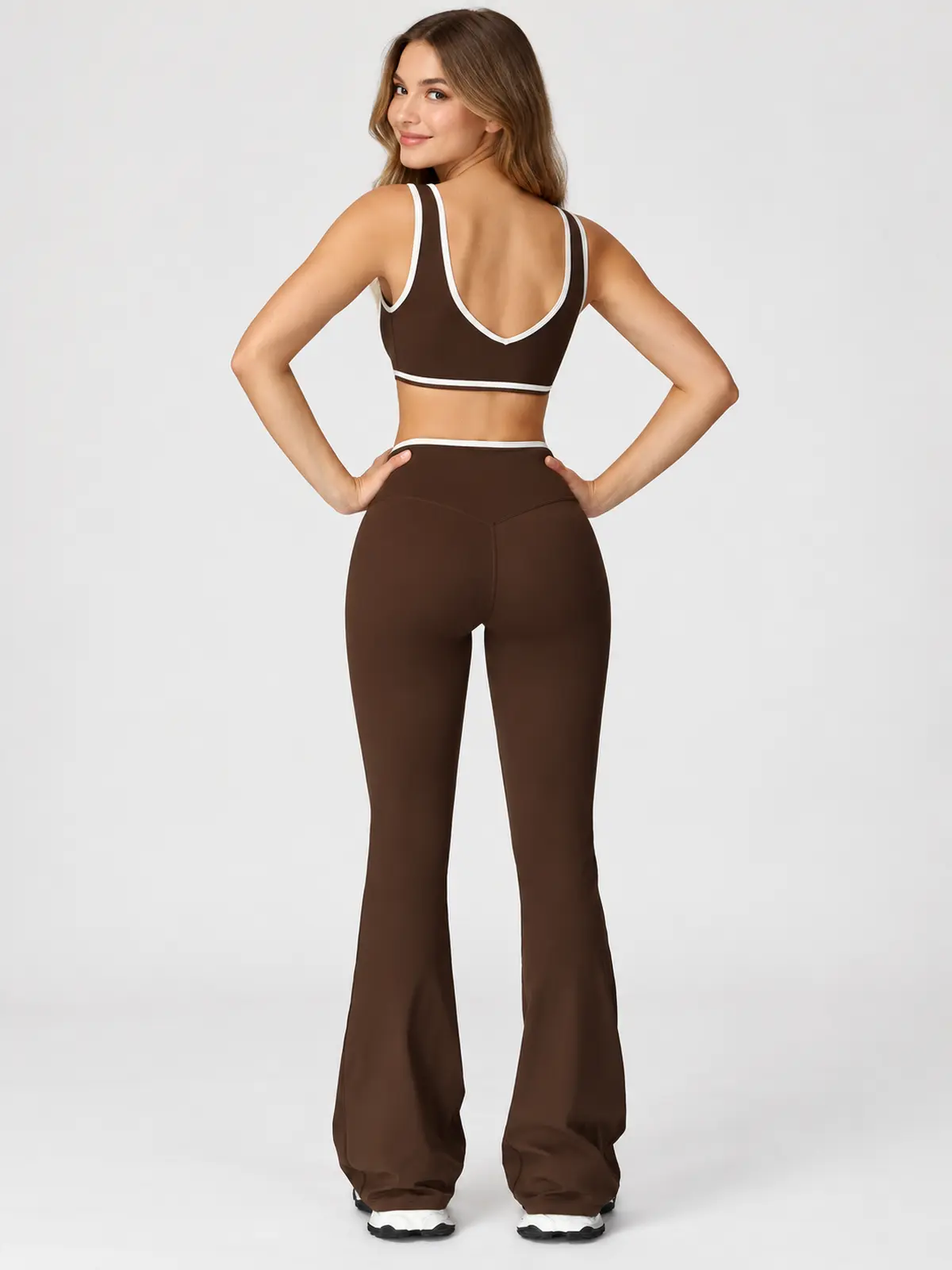 Crossover Orbit High-Rise Flare Leggings — dark coffee brown with white trim — general — authoritative variation match