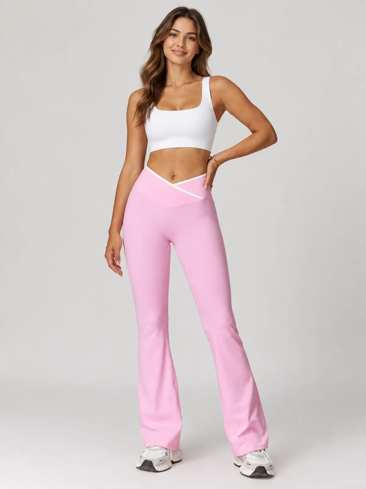 Crossover Orbit High-Rise Flare Leggings — light pink with white waistband trim — flare-leggings — authoritative variation image