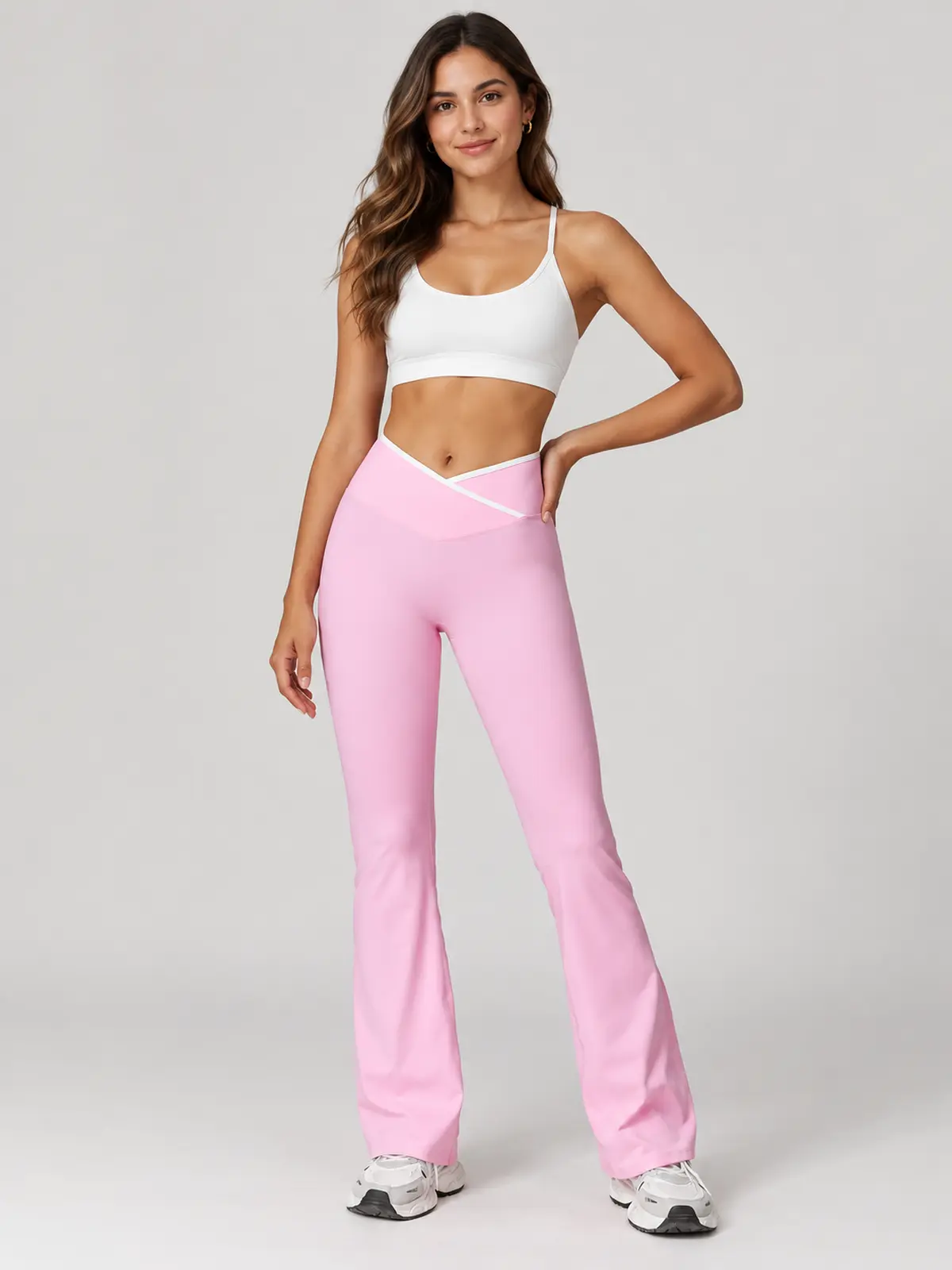 Crossover Orbit High-Rise Flare Leggings — light pink with white waistband trim — flare-leggings — authoritative variation match