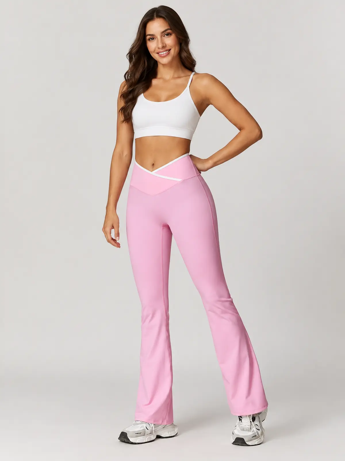 Crossover Orbit High-Rise Flare Leggings — light pink with white waistband trim — flare-leggings — authoritative variation match