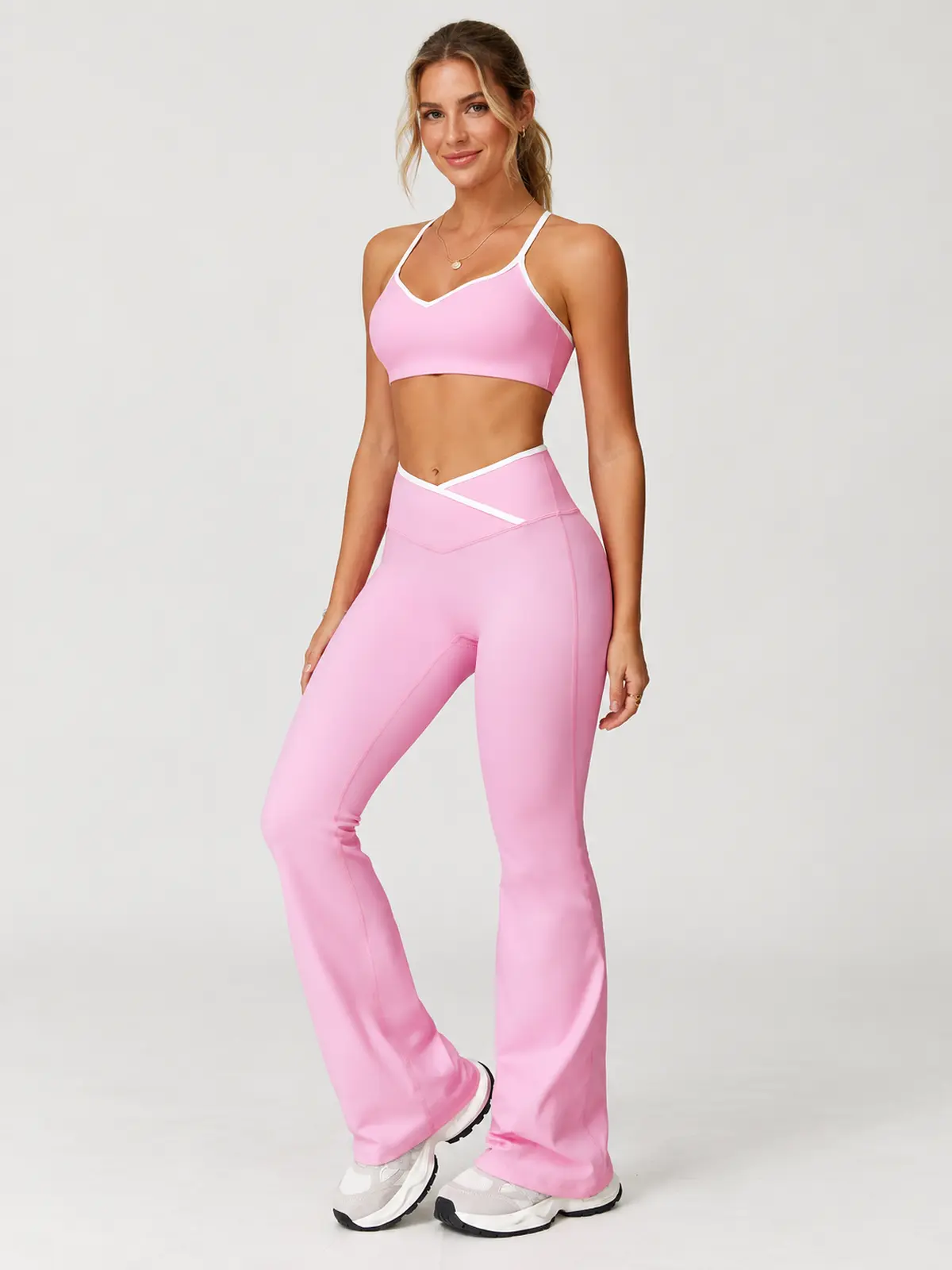 Crossover Orbit High-Rise Flare Leggings — light pink with white waistband trim — flare-leggings — authoritative variation match