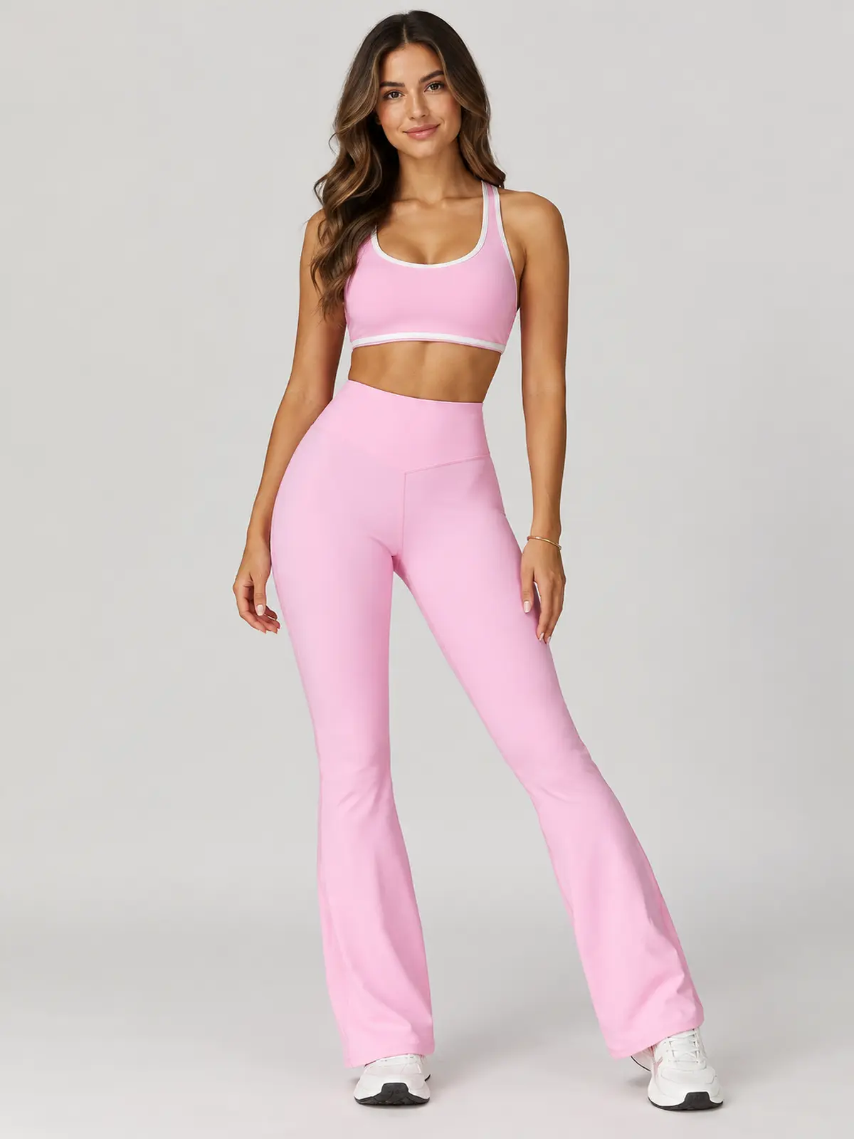 Crossover Orbit High-Rise Flare Leggings — light pink with white waistband trim — flare-leggings — authoritative variation match