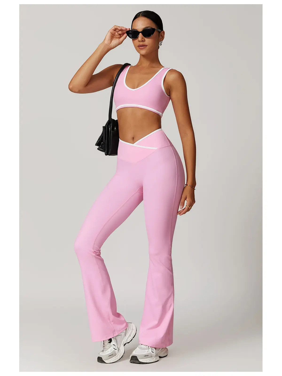Crossover Orbit High-Rise Flare Leggings — light pink with white waistband trim — general — authoritative variation match