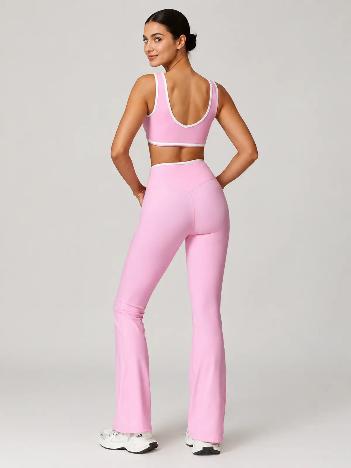 Crossover Orbit High-Rise Flare Leggings — light pink with white waistband trim — general — authoritative variation match