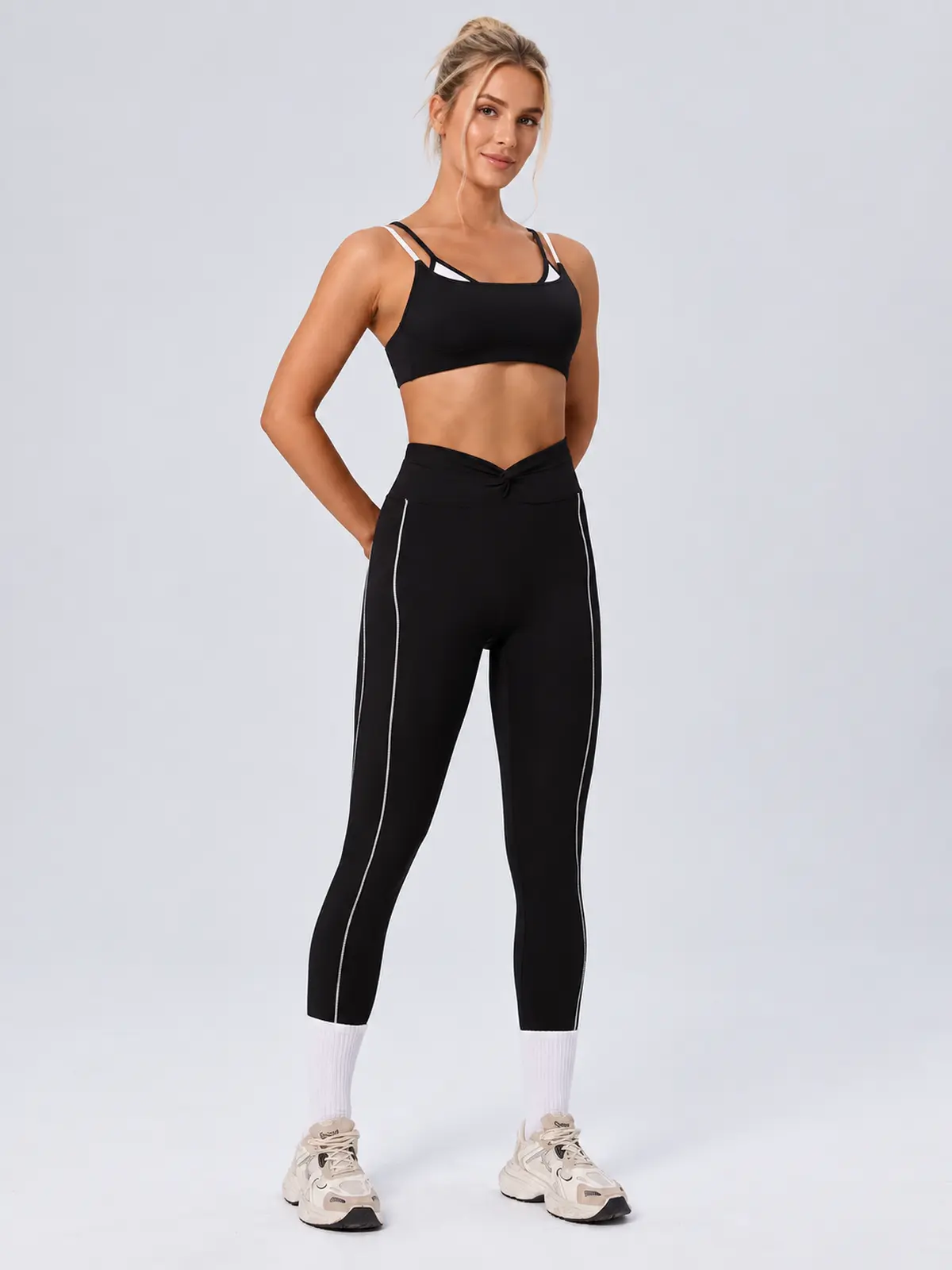 Double Arc Double-Strap Sports Bra and Full-Length Leggings Set — black with white trim — general — authoritative variation image