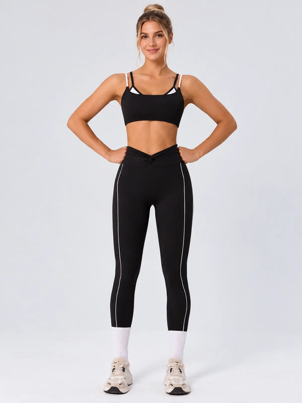 Double Arc Double-Strap Sports Bra and Full-Length Leggings Set — black with white trim — general — authoritative variation match