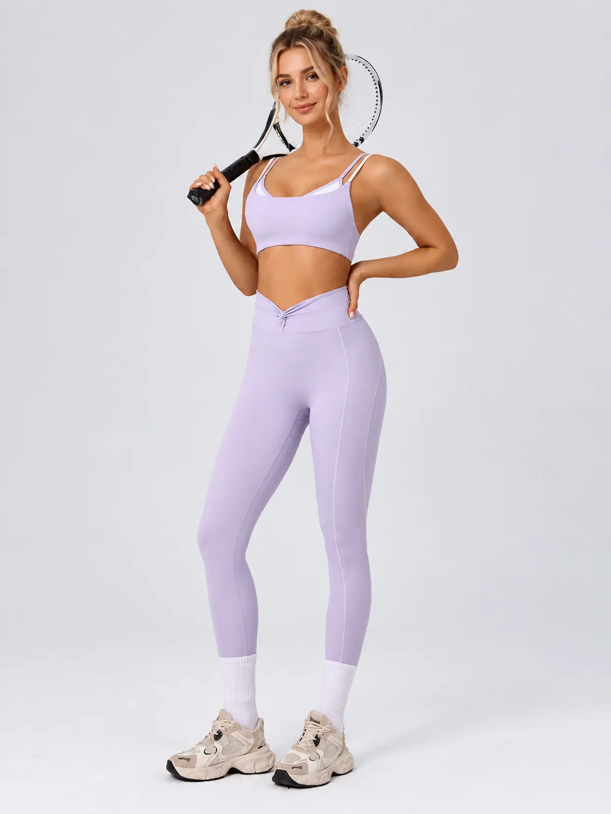 Double Arc Double-Strap Sports Bra and Full-Length Leggings Set — light lavender — general — authoritative variation match