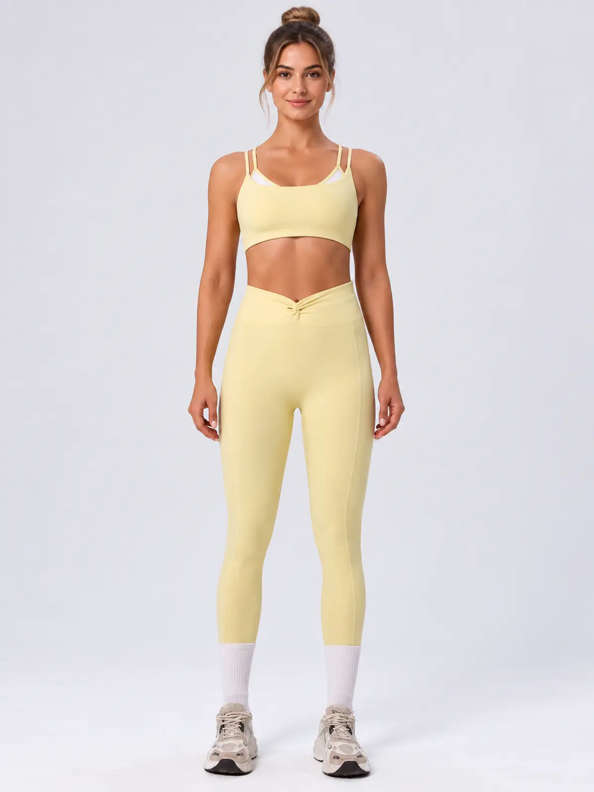 Double Arc Double-Strap Sports Bra and Full-Length Leggings Set — pale yellow — general — authoritative variation image