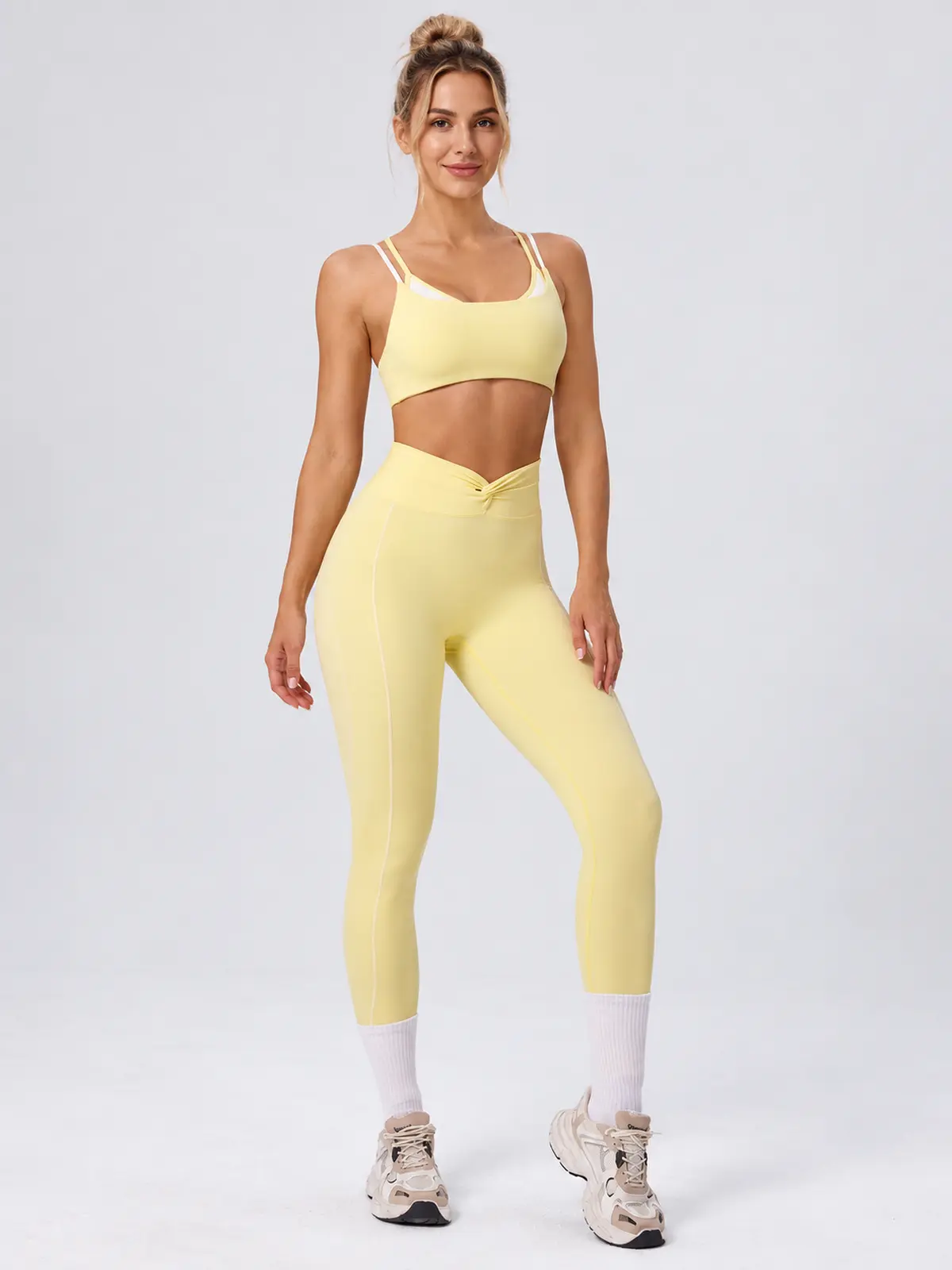 Double Arc Double-Strap Sports Bra and Full-Length Leggings Set — pale yellow — general — authoritative variation match