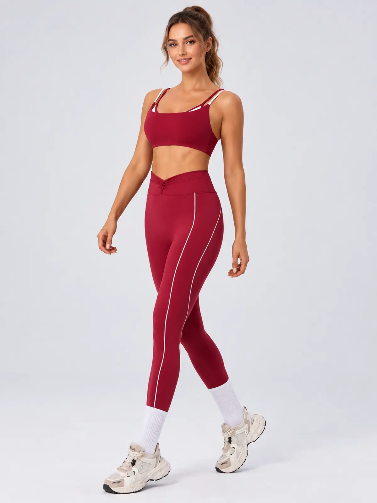 Double Arc Double-Strap Sports Bra and Full-Length Leggings Set — wine red — general — authoritative variation image