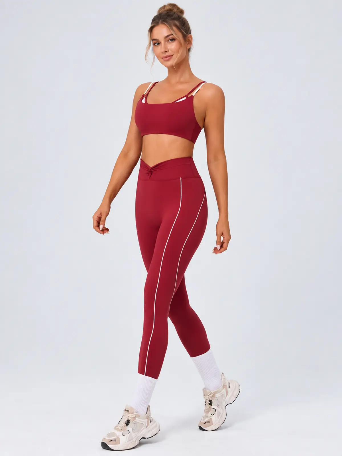Double Arc Double-Strap Sports Bra and Full-Length Leggings Set — wine red — general — authoritative variation match
