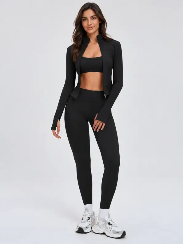 Fresco Thread Scoop-Neck Sports Bra, Zip-Front Jacket and Leggings Set — black — general — authoritative variation image