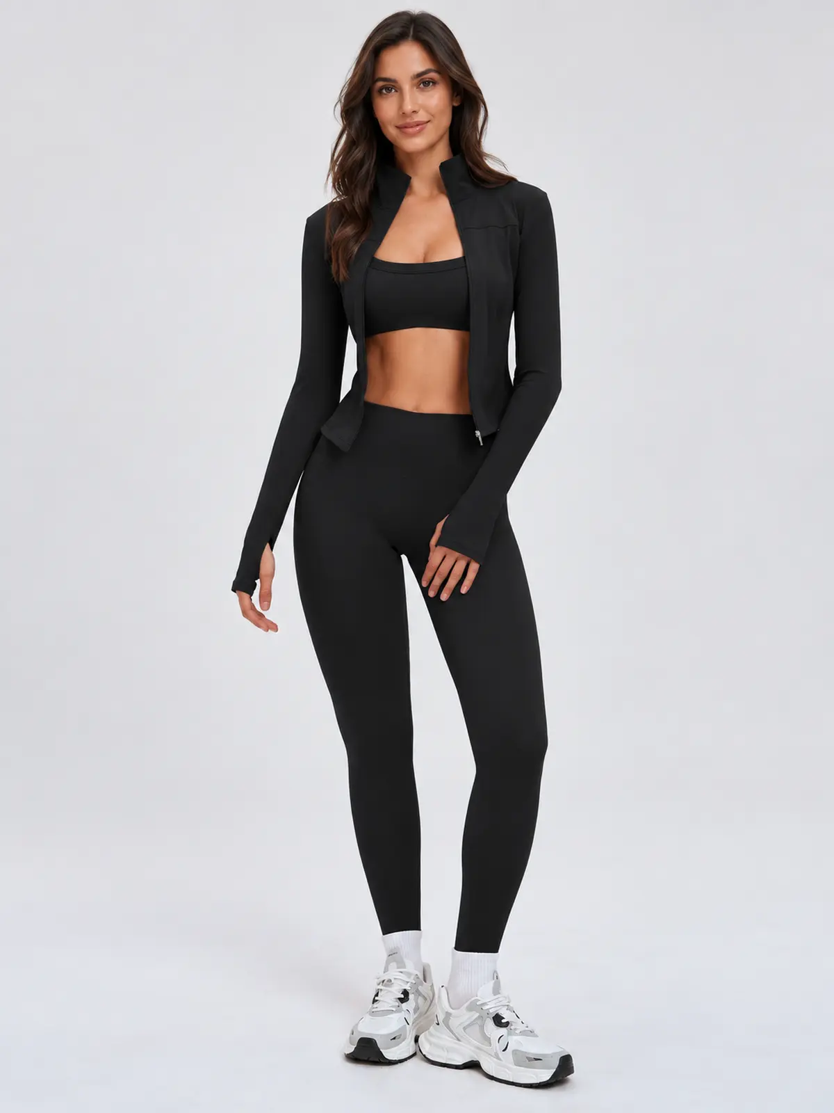 Fresco Thread Scoop-Neck Sports Bra, Zip-Front Jacket and Leggings Set — black — general — authoritative variation image