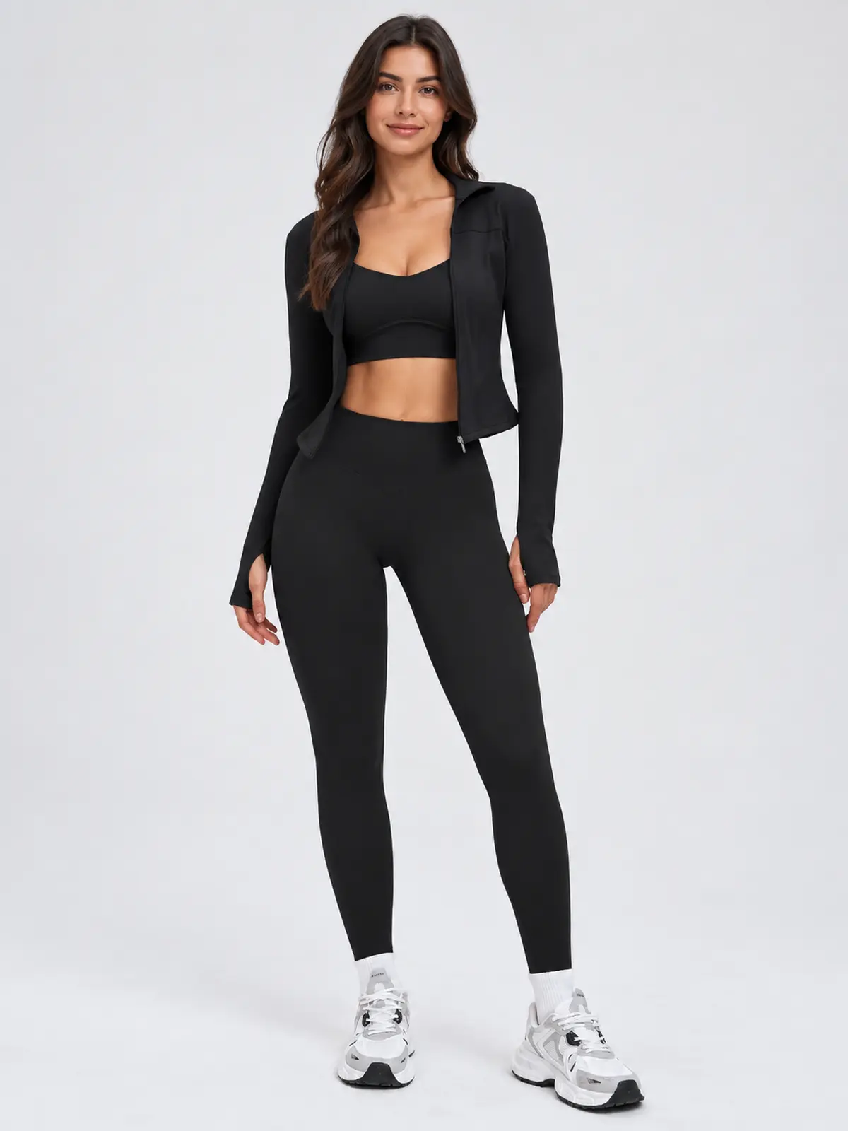 Fresco Thread Scoop-Neck Sports Bra, Zip-Front Jacket and Leggings Set — black — general — authoritative variation match