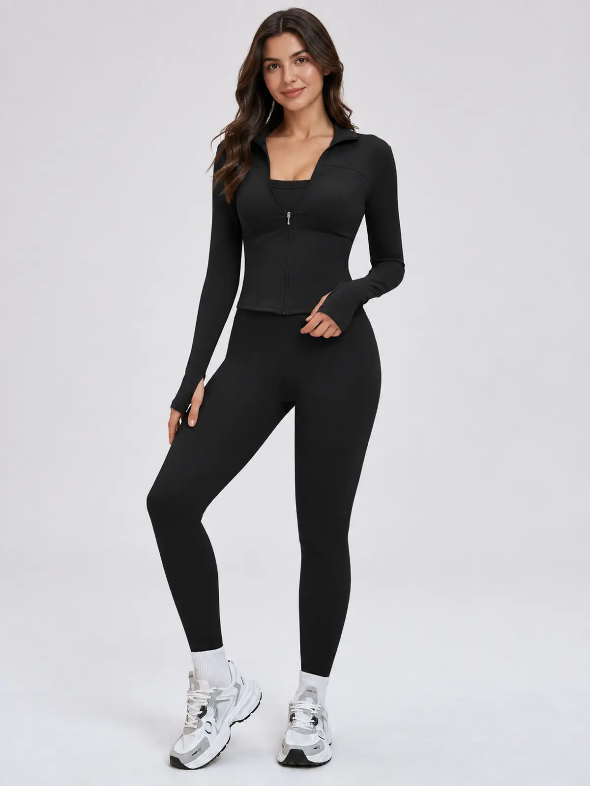 Fresco Thread Scoop-Neck Sports Bra, Zip-Front Jacket and Leggings Set — black — general — authoritative variation match