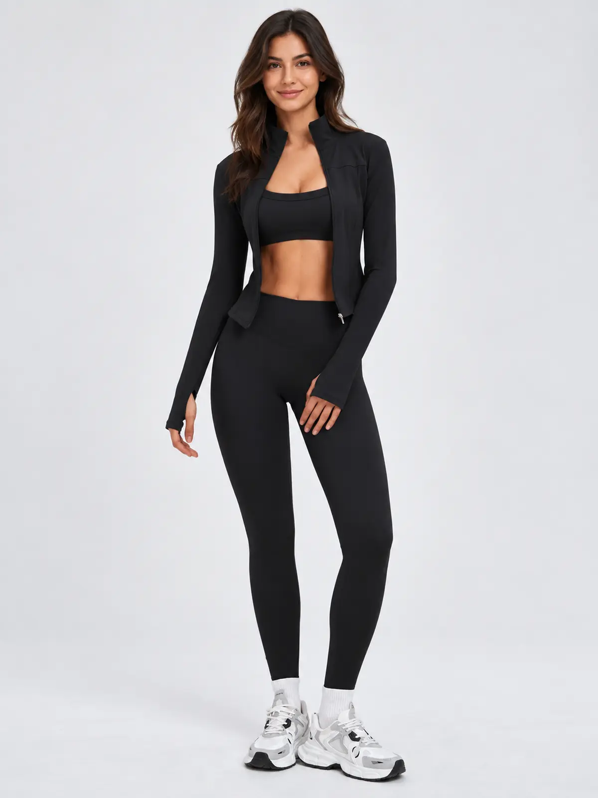Fresco Thread Scoop-Neck Sports Bra, Zip-Front Jacket and Leggings Set — black — general — authoritative variation match