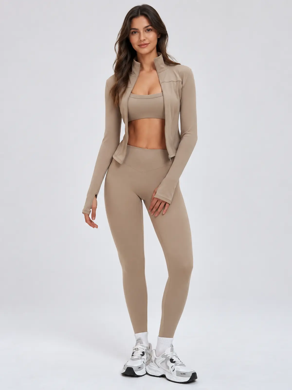 Fresco Thread Scoop-Neck Sports Bra, Zip-Front Jacket and Leggings Set — camel brown — general — authoritative variation image