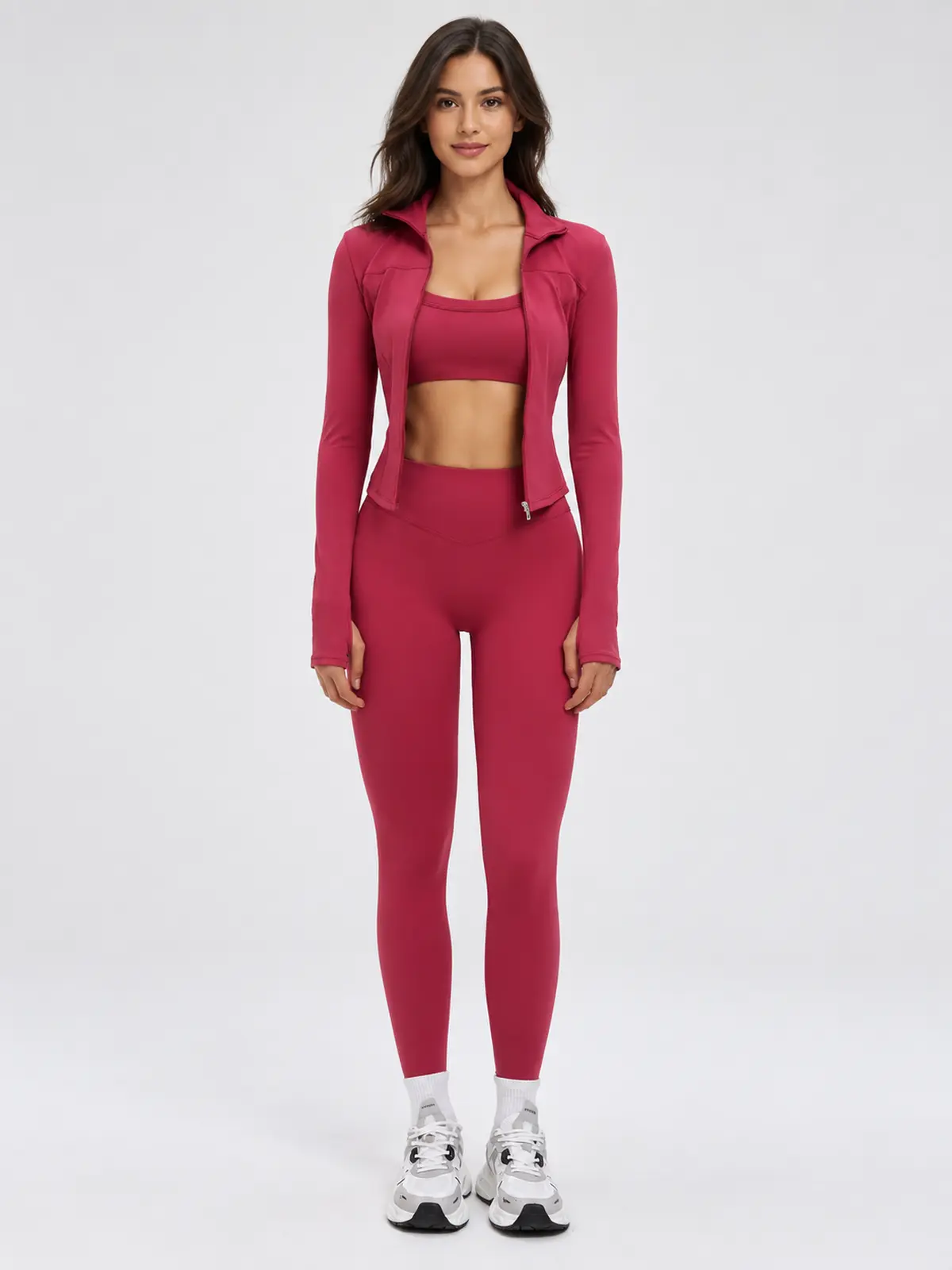 Fresco Thread Scoop-Neck Sports Bra, Zip-Front Jacket and Leggings Set — cherry red — general — authoritative variation image